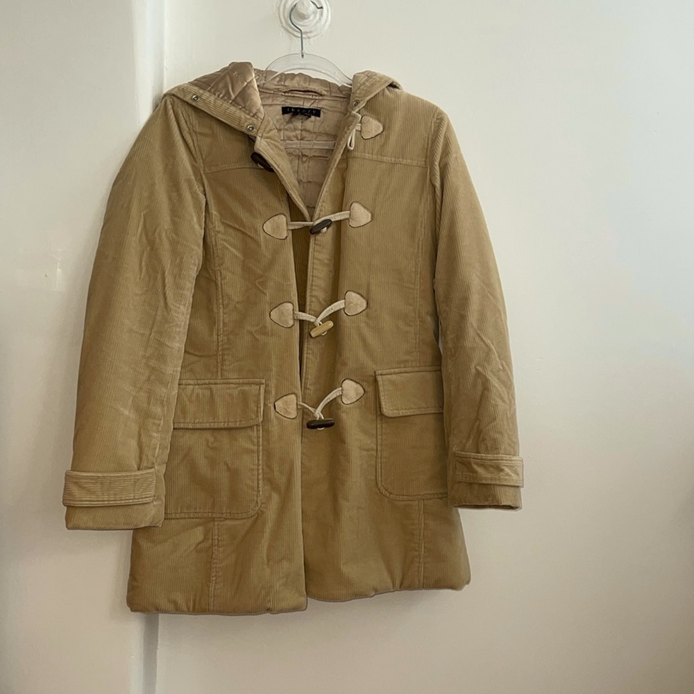 Theory size  small cream vintage toggle coat good condition dry clean with hood